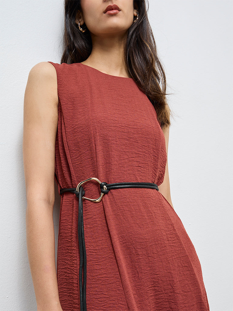 Wardrobe Dark Rust Crinkle-Textured A-Line Dress with Belt
