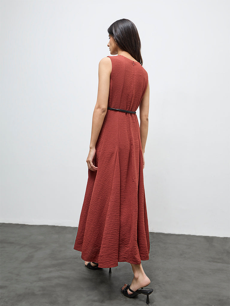 Buy Wardrobe Dark Rust Crinkle-Textured A-Line Dress with Belt from Westside