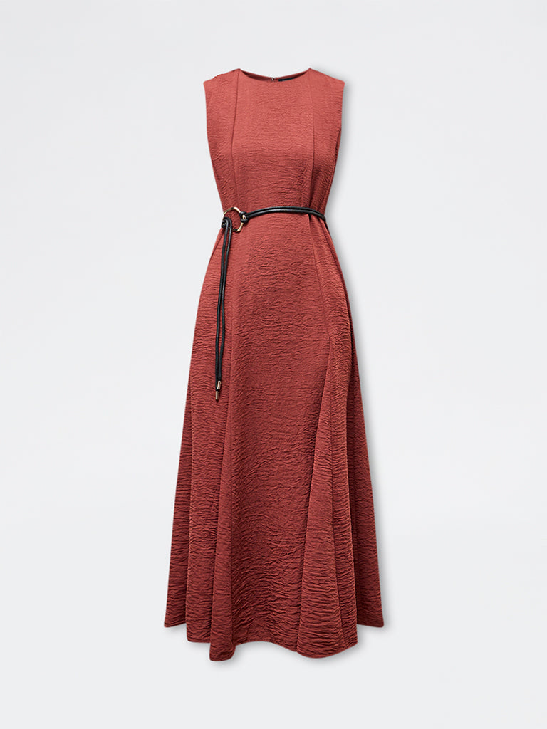 Wardrobe Dark Rust Crinkle-Textured A-Line Dress with Belt