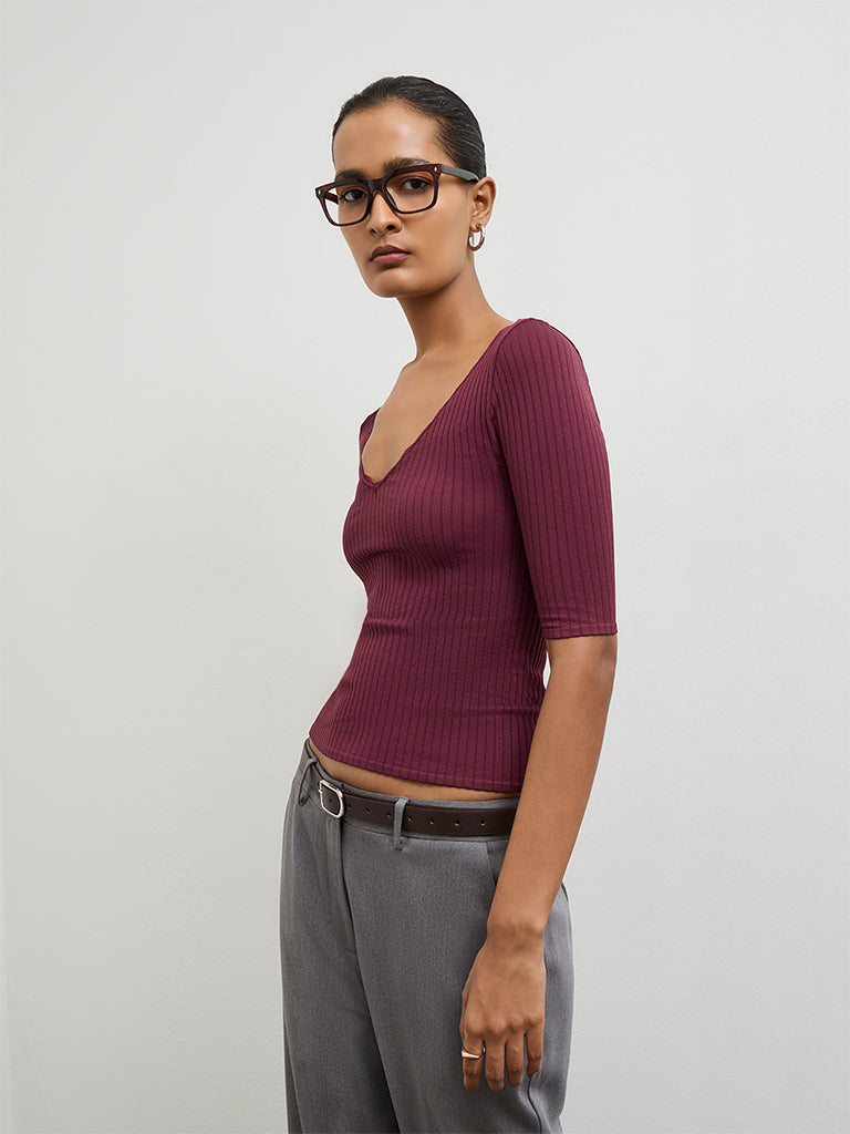 Wardrobe Burgundy Ribbed Top