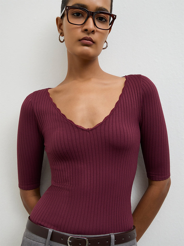 Wardrobe Burgundy Ribbed Top
