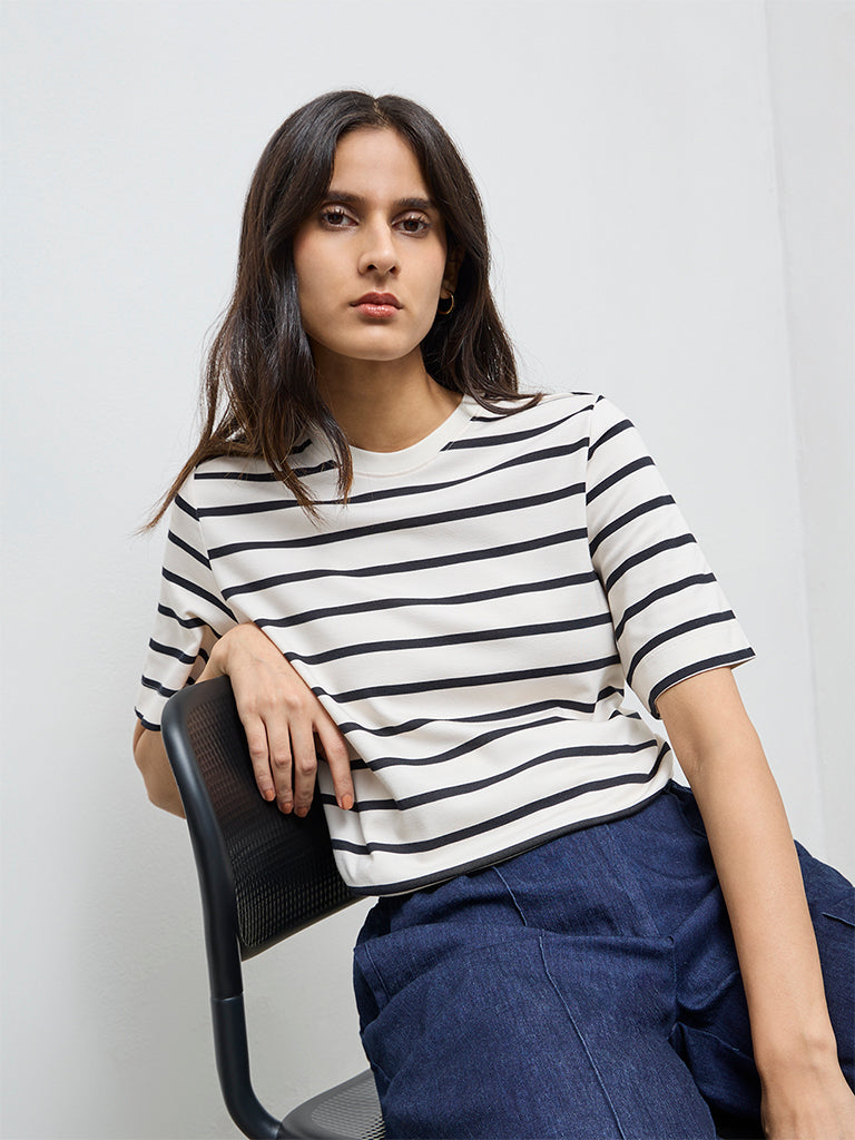 Wardrobe White Striped Cotton-Blend T-Shirt