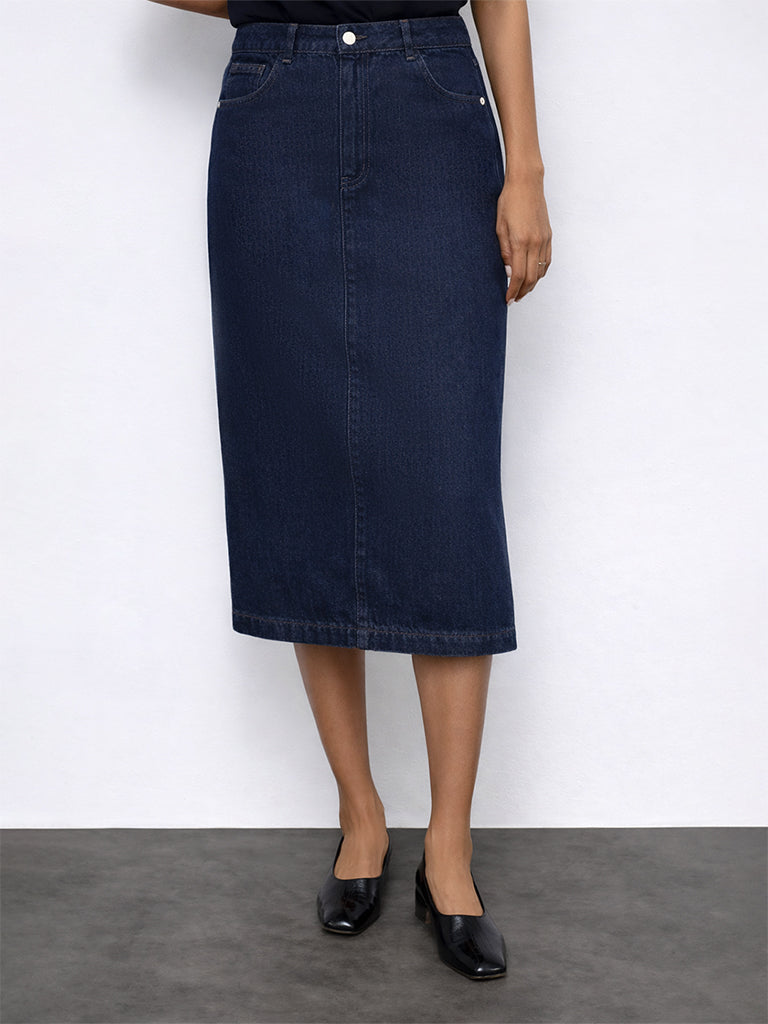 Wardrobe Indigo Solid High-Rise Denim A-Line Skirt