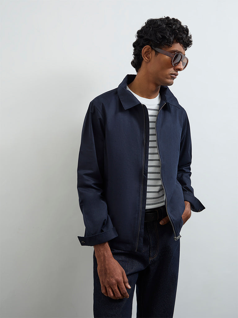 Ascot Navy Solid Relaxed-Fit Jacket