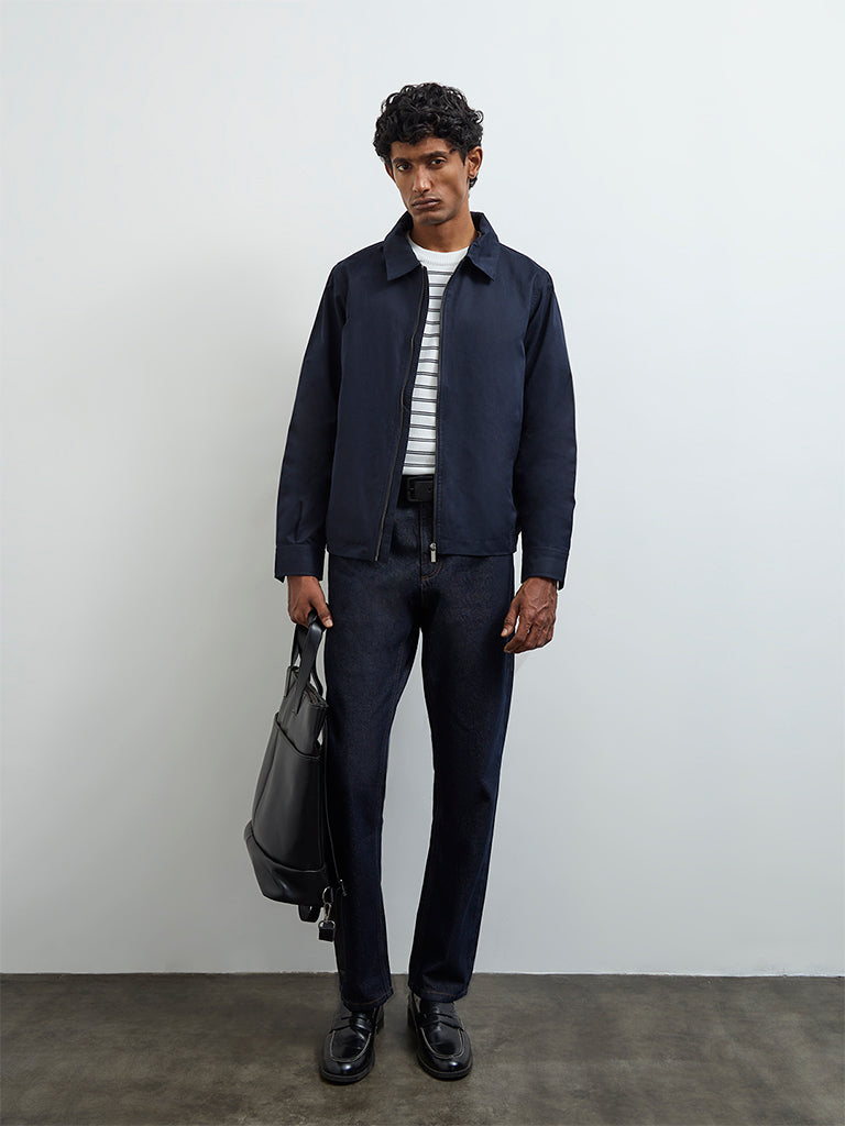 Ascot Navy Solid Relaxed-Fit Jacket