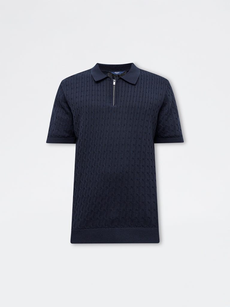 Ascot Black Cable-Knit Relaxed-Fit Cotton Polo T-Shirt