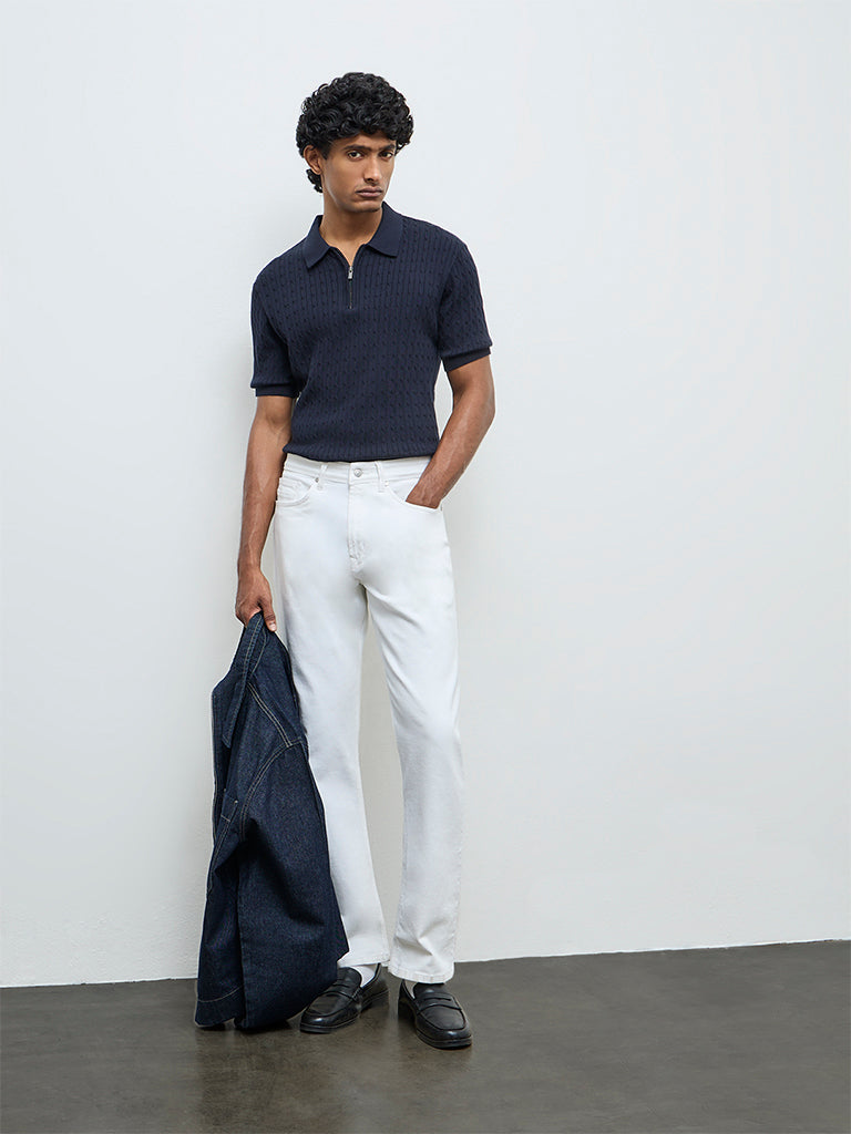 Ascot Navy Cable-Knit Relaxed-Fit Cotton Polo T-Shirt