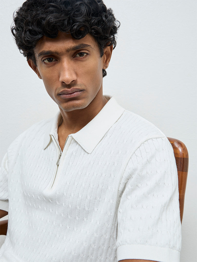 Ascot Off-White Cable-Knit Relaxed-Fit Quarter-Zip Cotton Polo T-Shirt