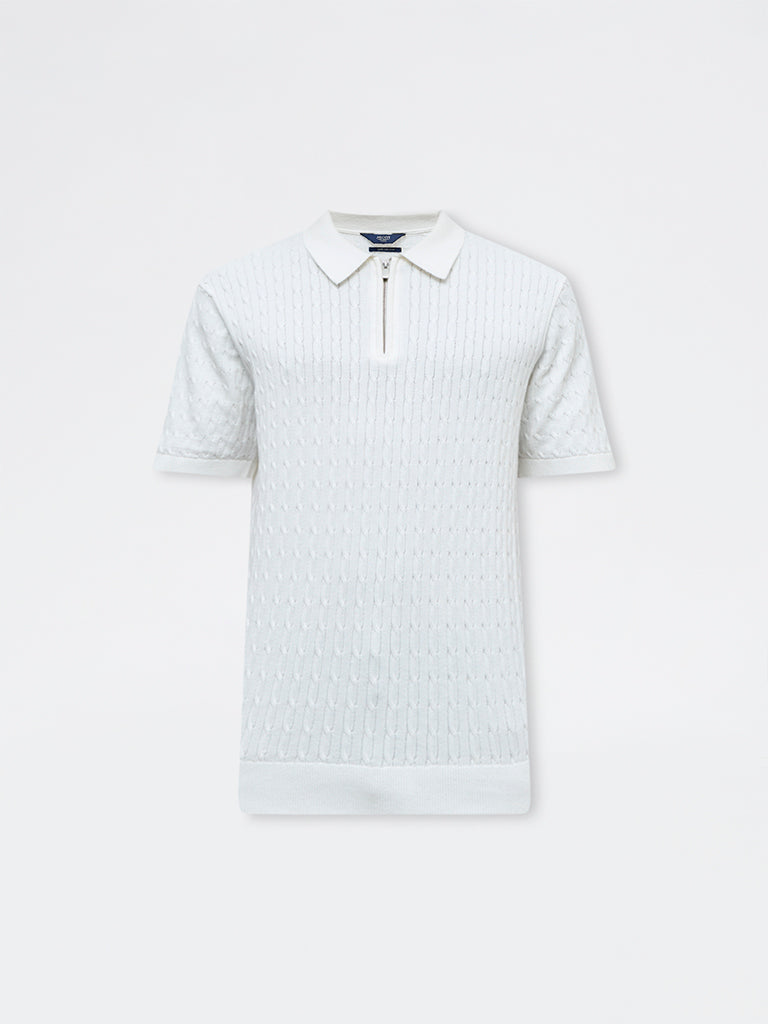 Ascot Off-White Cable-Knit Relaxed-Fit Quarter-Zip Cotton Polo T-Shirt