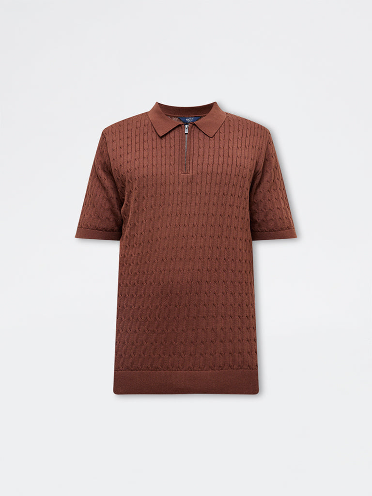 Ascot Rust Cable-Knit Relaxed-Fit Quarter-Zip Cotton Polo T-Shirt