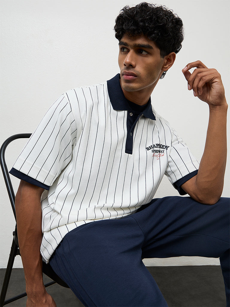 Nuoflexx Off-White Striped Relaxed Fit Polo Cotton-Blend T-Shirt
