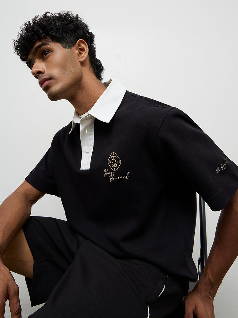 Nuoflexx Black Text-Detail Relaxed Fit Cotton-Blend T-Shirt
