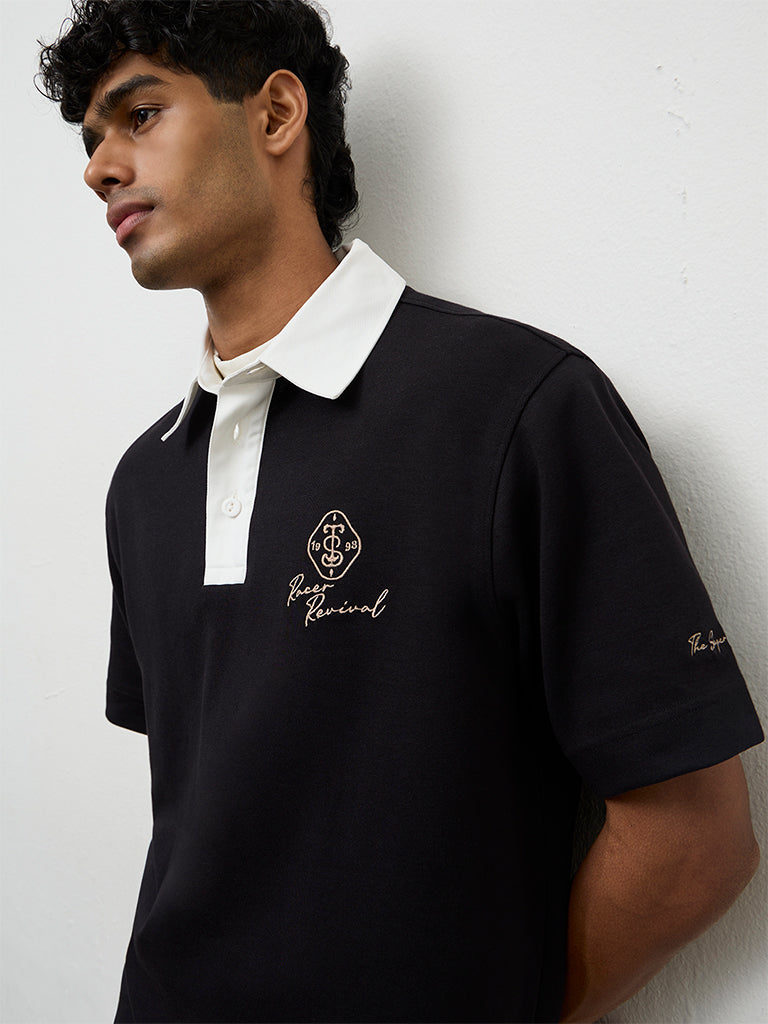 Nuoflexx Black Text-Detail Relaxed Fit Cotton-Blend T-Shirt