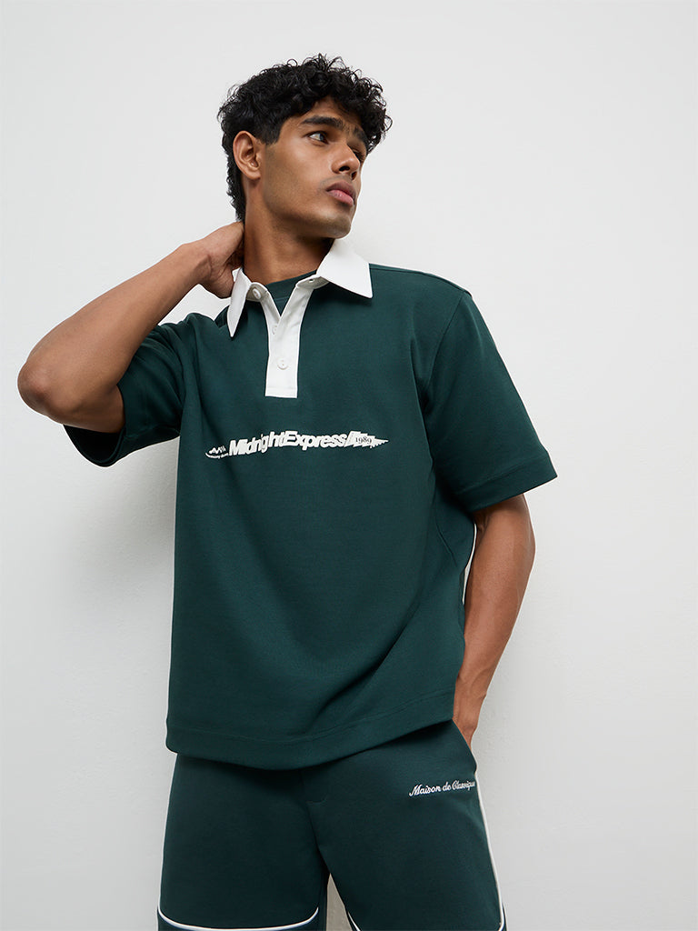 Nuoflexx Green Text Printed Relaxed Fit Cotton-Blend Polo T-Shirt