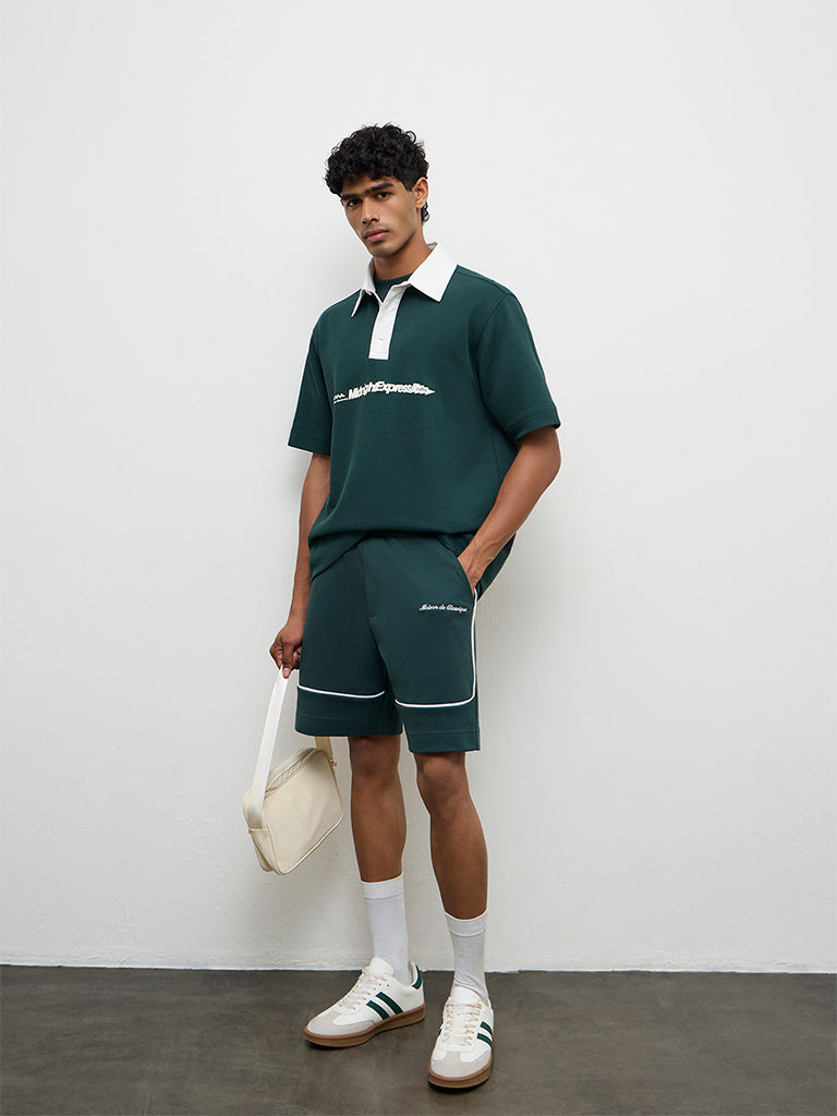 Nuoflexx Green Text Printed Relaxed Fit Cotton-Blend Polo T-Shirt