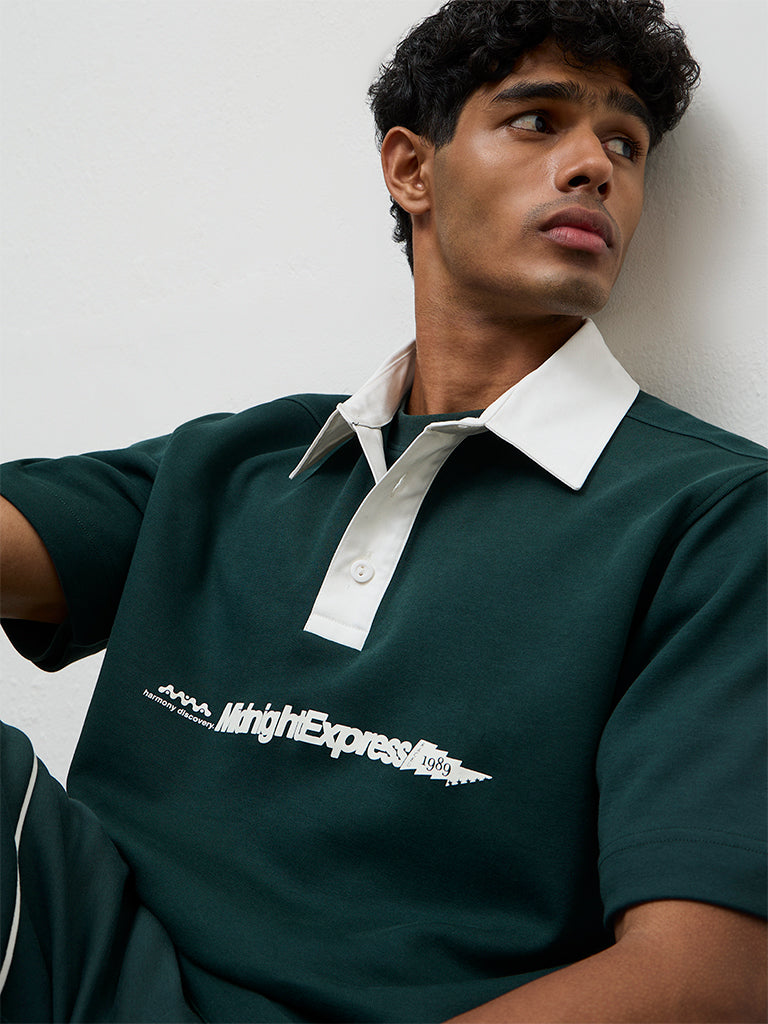Nuoflexx Green Text Printed Relaxed Fit Cotton-Blend Polo T-Shirt