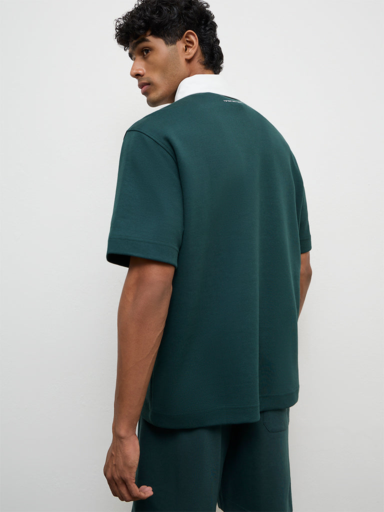 Nuoflexx Green Text Printed Relaxed Fit Cotton-Blend Polo T-Shirt