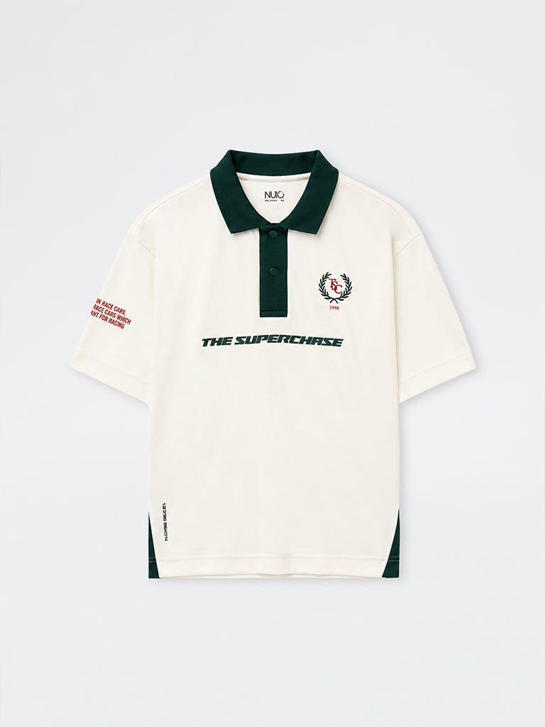 Nuoflexx White Printed Relaxed-Fit Cotton-Blend Polo T-Shirt