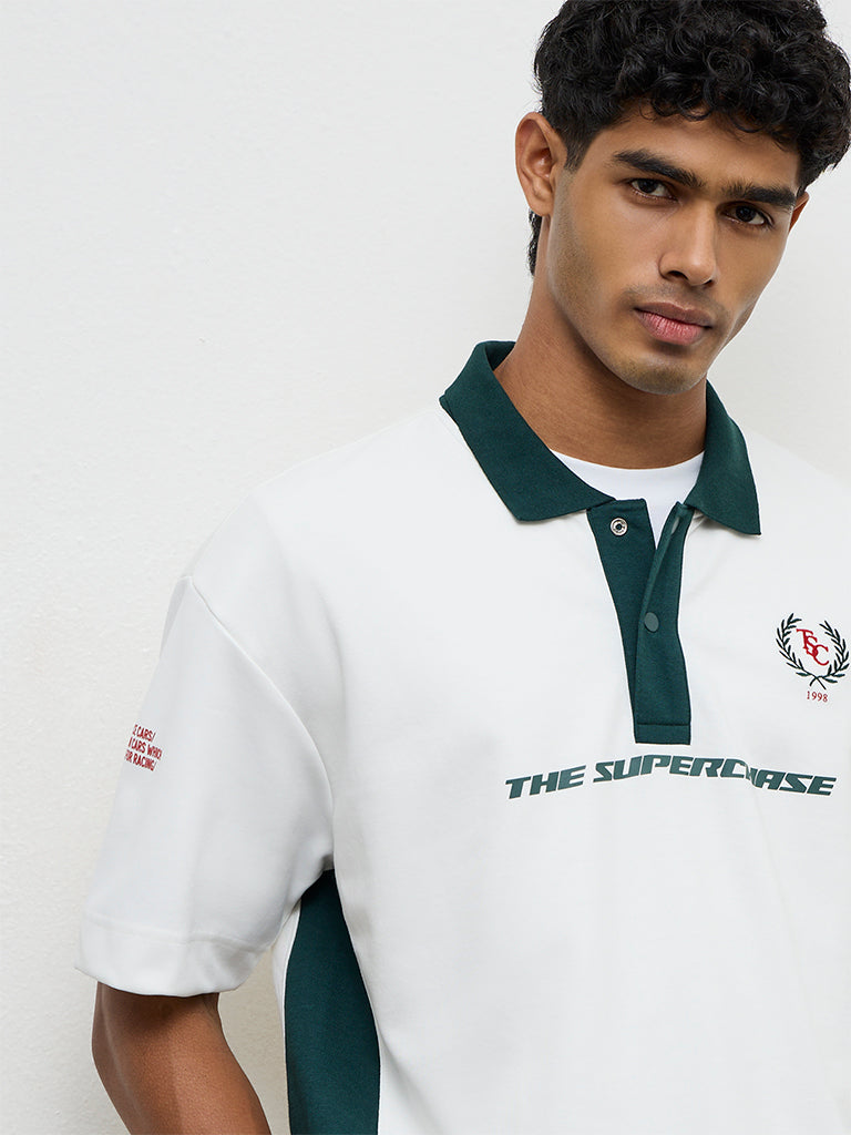 Nuoflexx White Printed Relaxed-Fit Cotton-Blend Polo T-Shirt