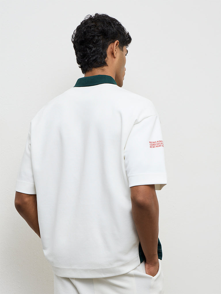 Nuoflexx White Printed Relaxed-Fit Cotton-Blend Polo T-Shirt