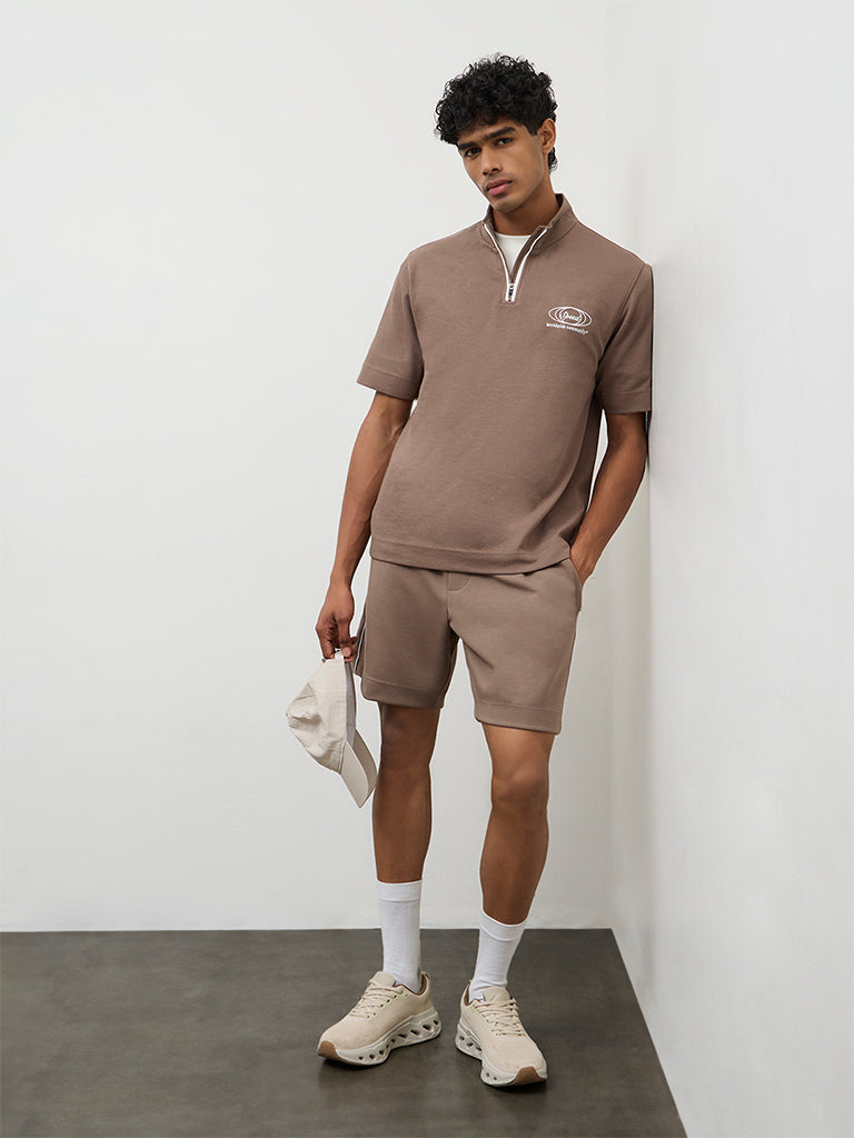 Nuoflexx Taupe Text-Detail Relaxed Fit Cotton-Blend T-Shirt