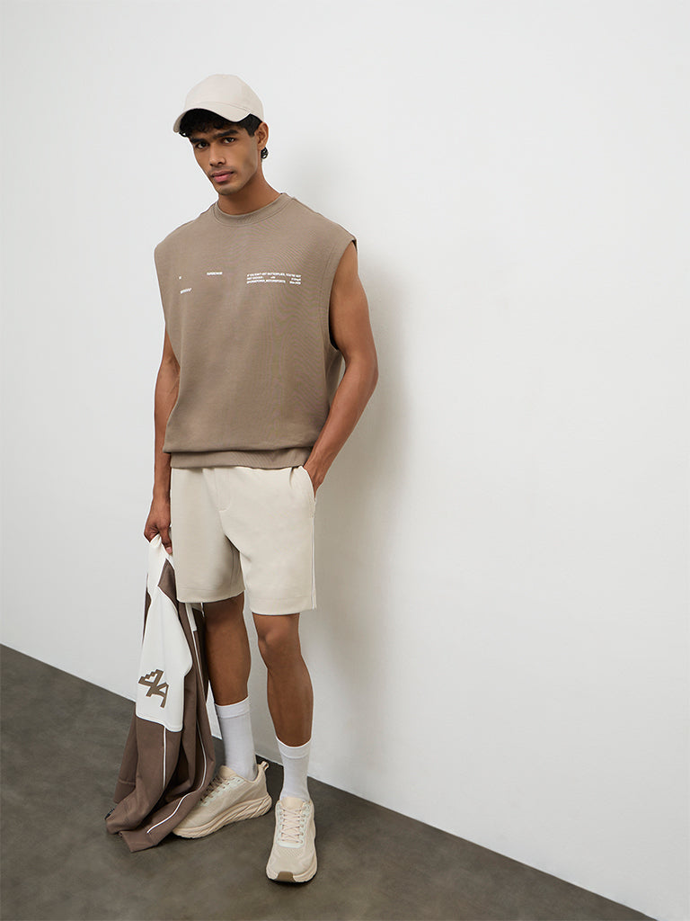 Nuoflexx Taupe Text-Embossed Relaxed Fit T-Shirt