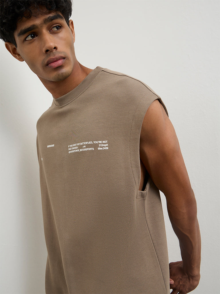 Nuoflexx Taupe Text-Embossed Relaxed Fit T-Shirt