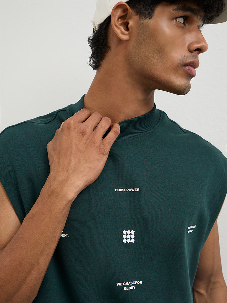 Nuoflexx Green Text-Embossed Relaxed Fit Cotton-Blend T-Shirt