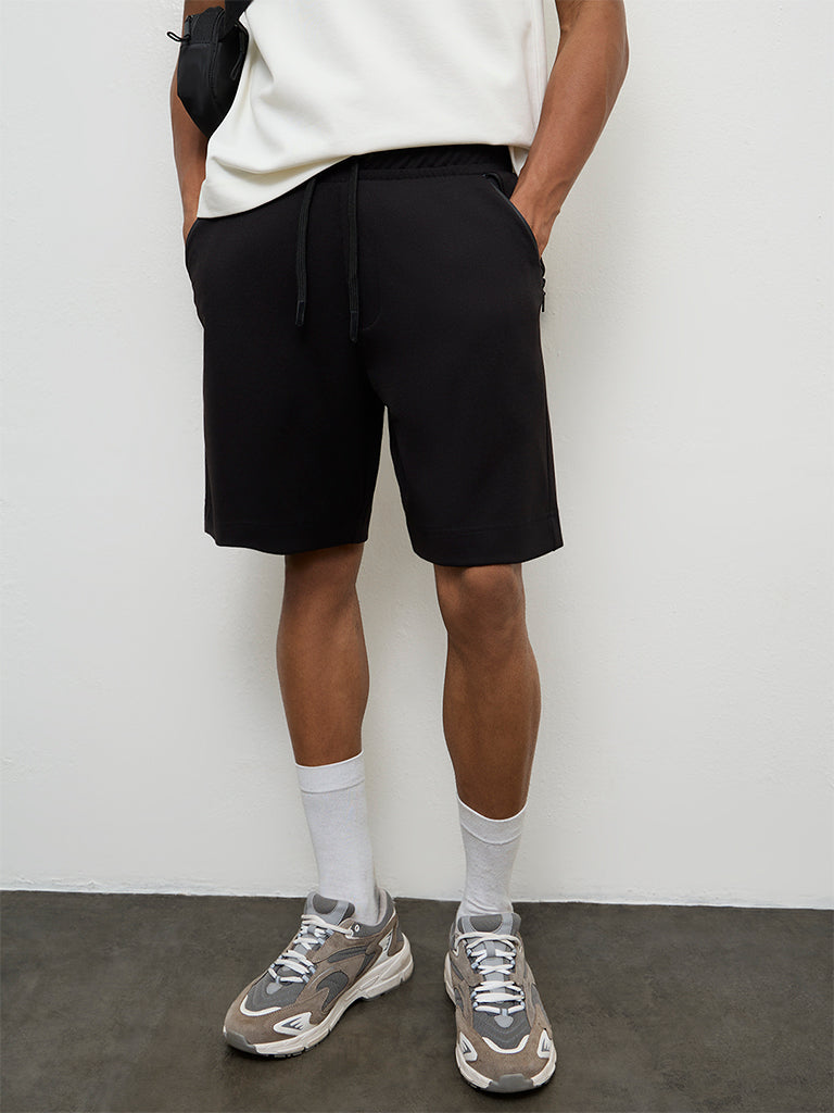 Nuoflexx Black Relaxed Fit Mid-Rise Shorts