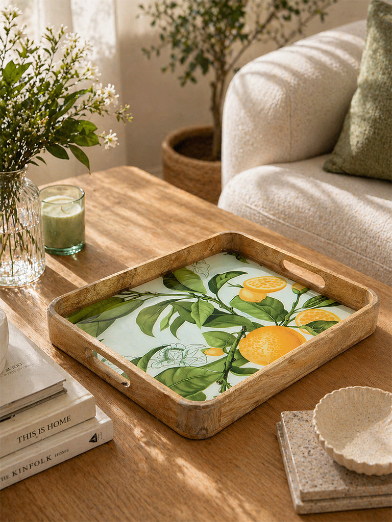 Westside Home Aqua Lemon Printed Wooden Tray