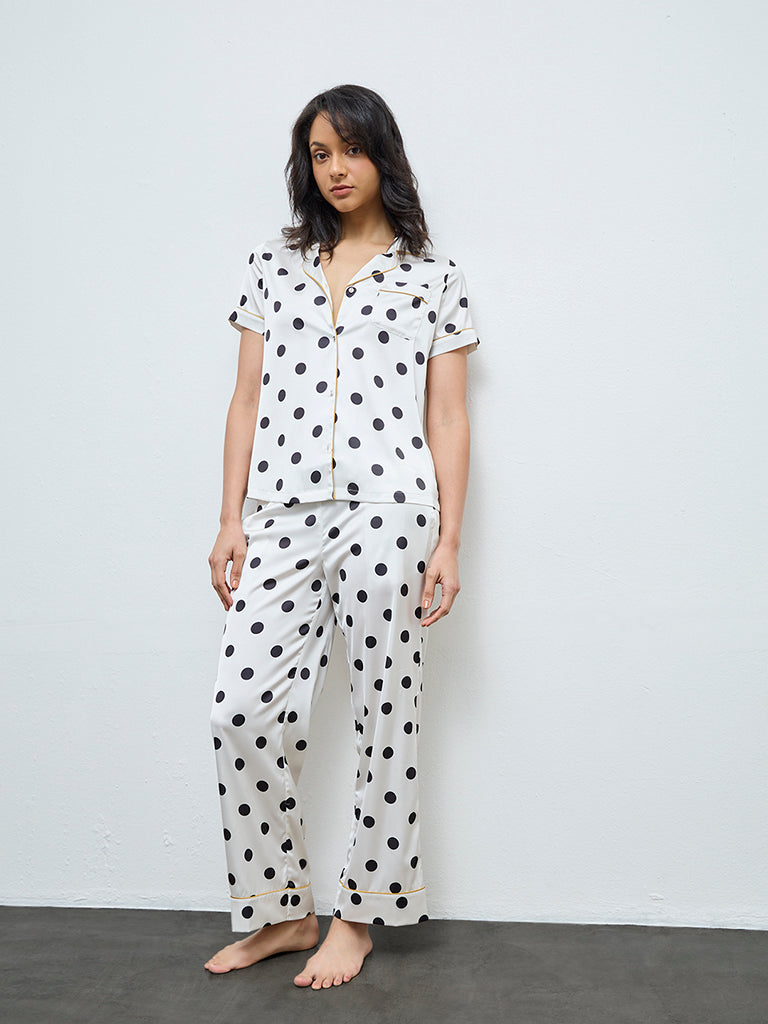 Wunderlove White Polka-Dots Shirt and Pyjamas Set