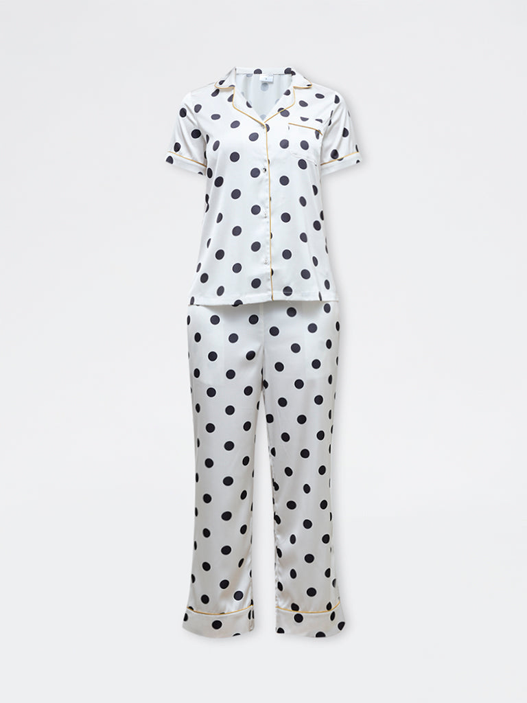 Wunderlove White Polka-Dots Shirt and Pyjamas Set