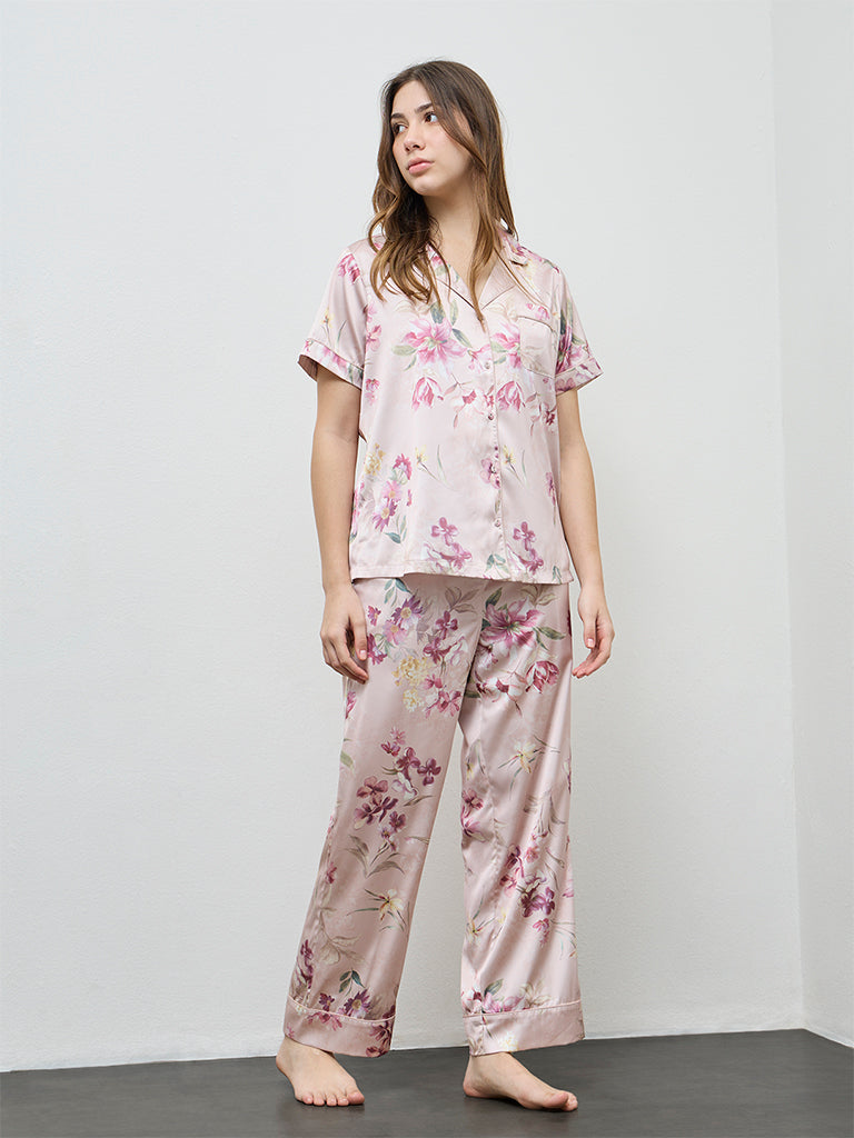 Wunderlove Peach Floral Shirt and Pyjama Set