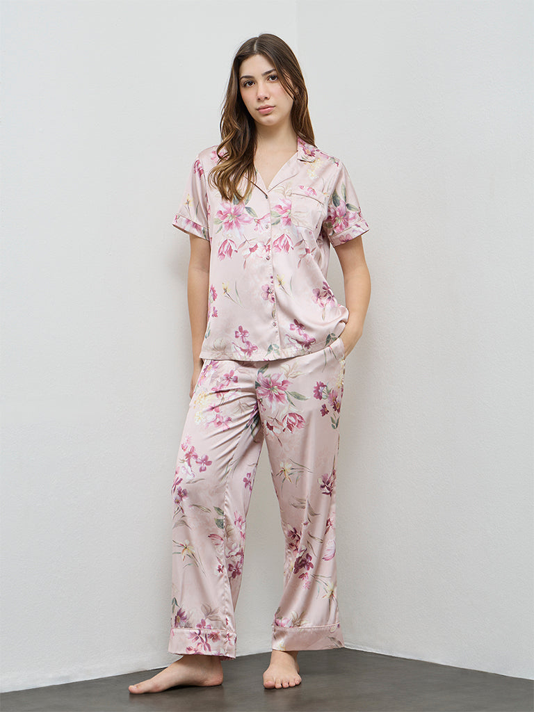 Wunderlove Peach Floral Shirt and Pyjama Set
