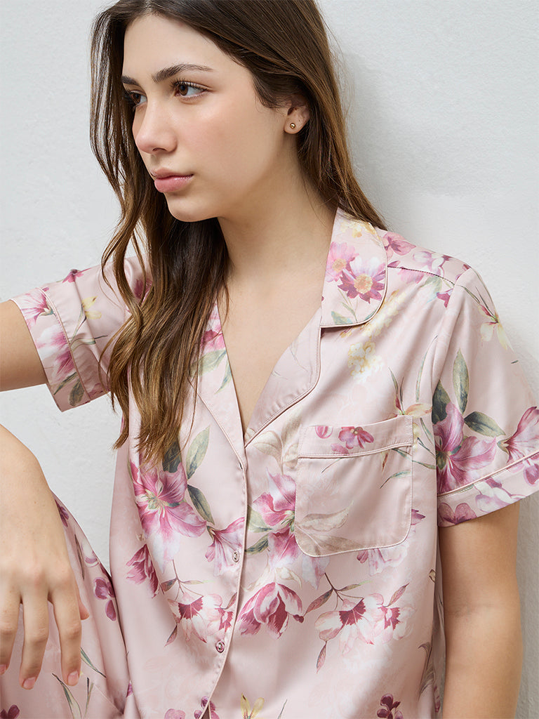 Wunderlove Peach Floral Shirt and Pyjama Set