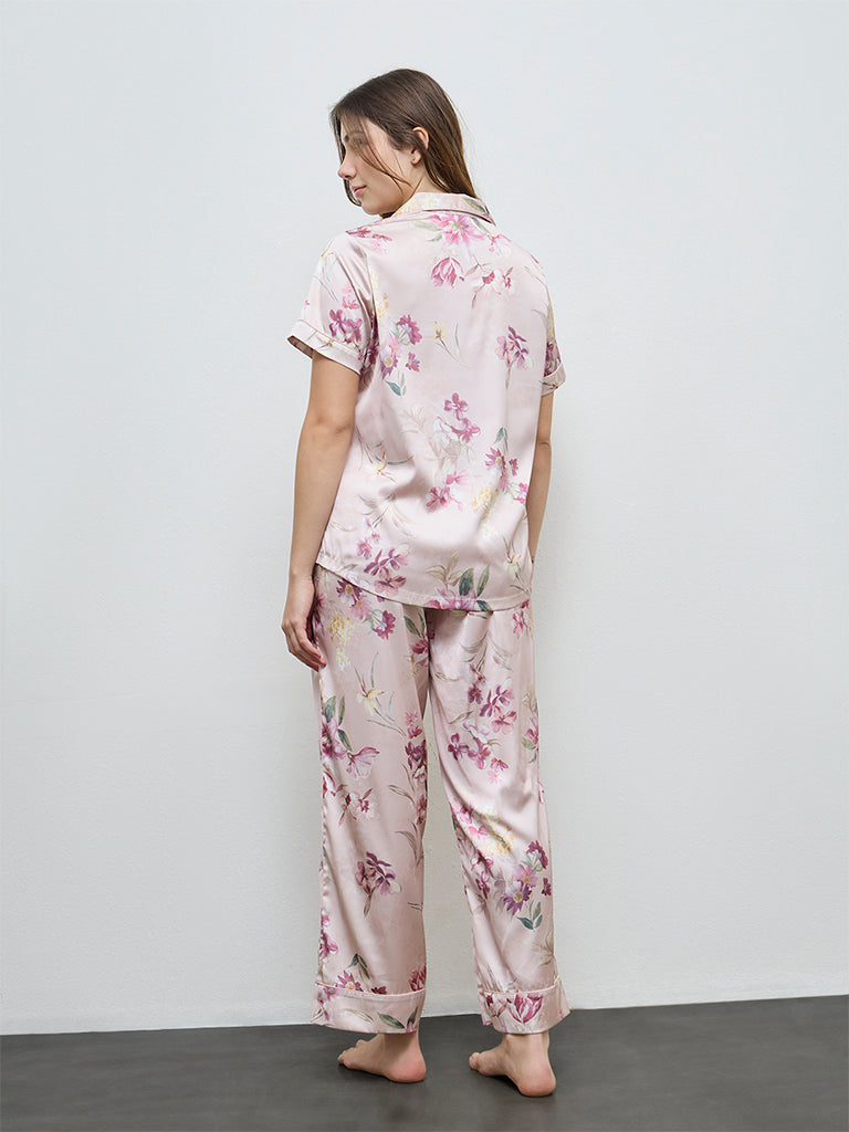 Wunderlove Peach Floral Shirt and Pyjama Set