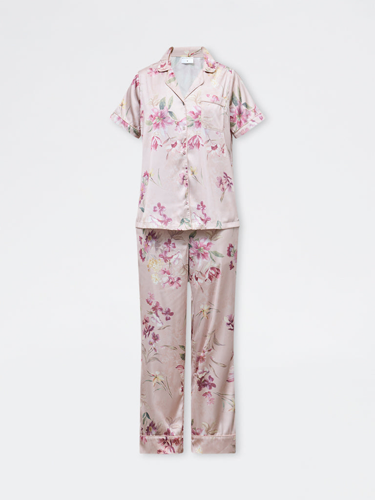 Wunderlove Peach Floral Shirt and Pyjama Set