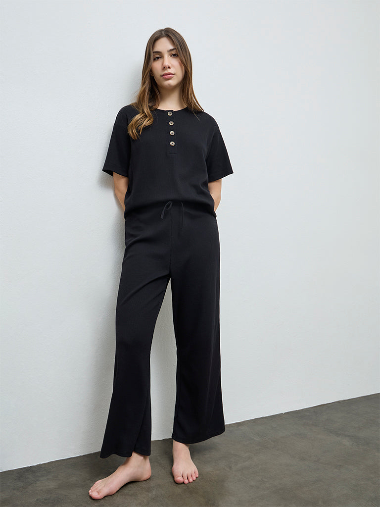 Wunderlove Black Waffle-Textured High-Rise Pants