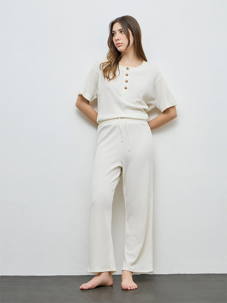 Wunderlove Ivory Waffle-Textured High-Rise Pants