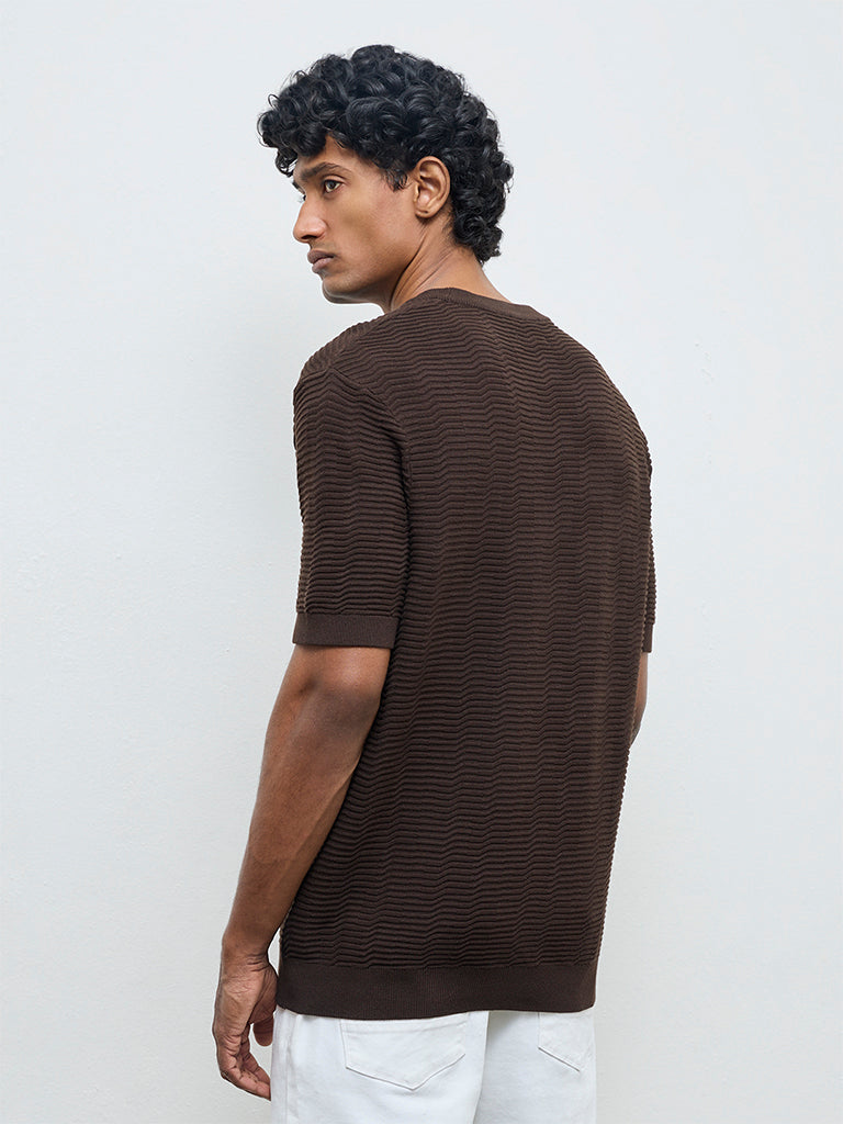 Ascot Dark Brown Textured Relaxed-Fit Cotton T-Shirt