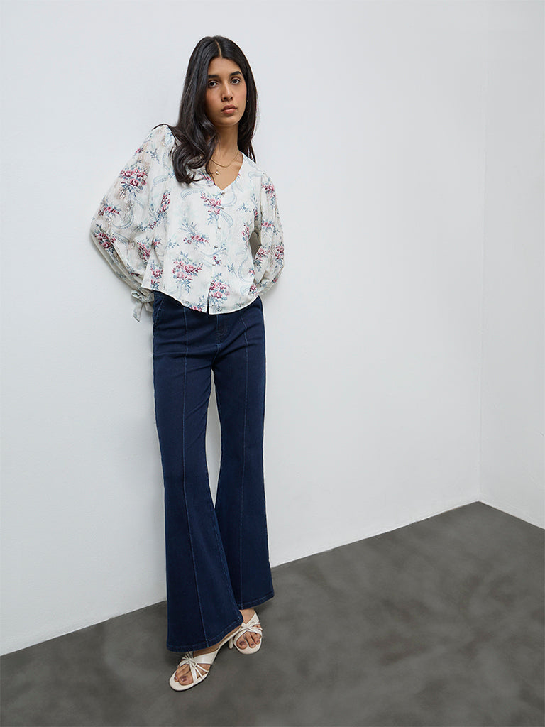 LOV White Floral Pattern Cotton-Blend Top