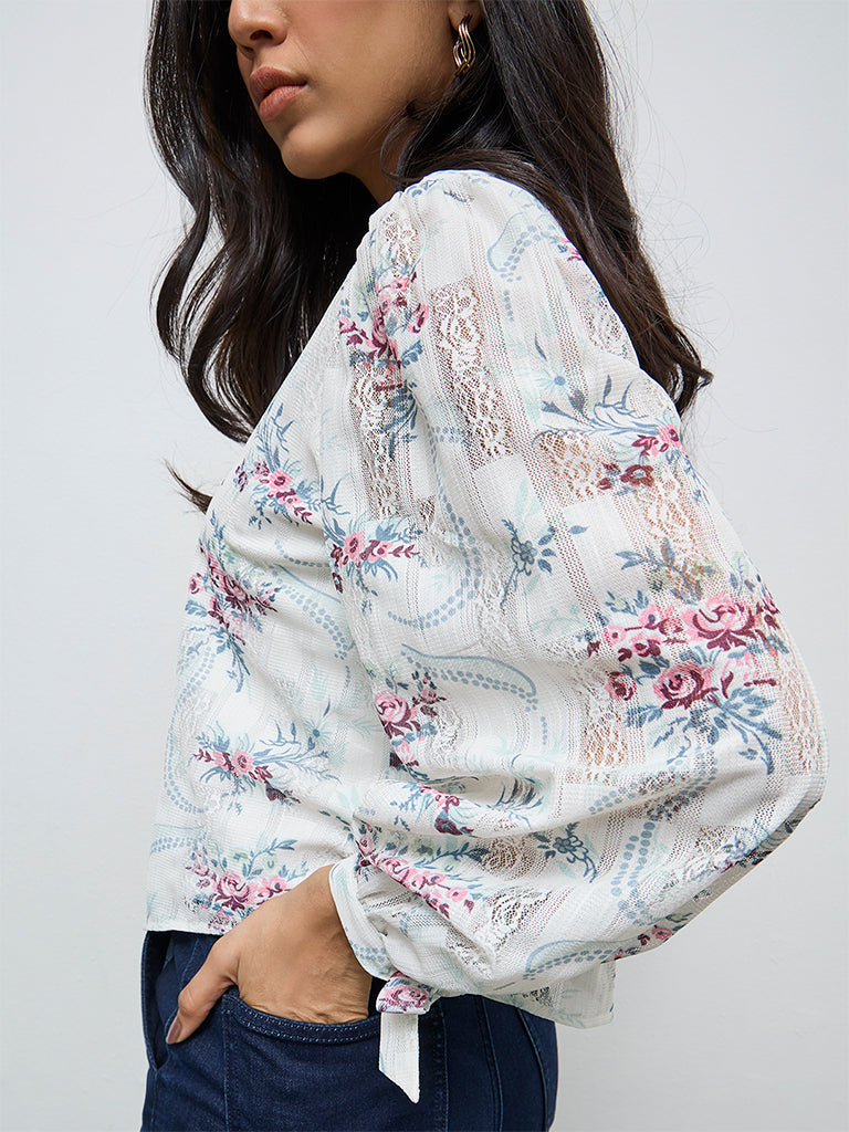 LOV White Floral Pattern Cotton-Blend Top