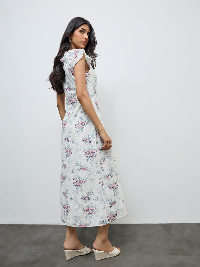 LOV White Floral Design A-Line Dress