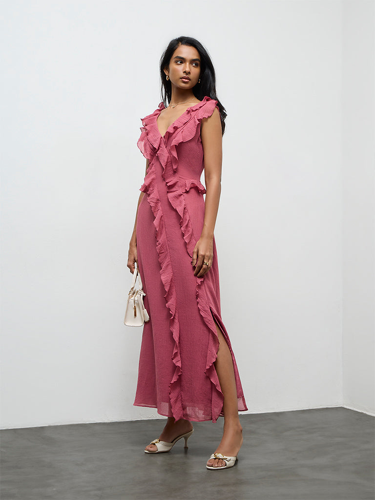 LOV Pink Ruffled Maxi A-Line Dress