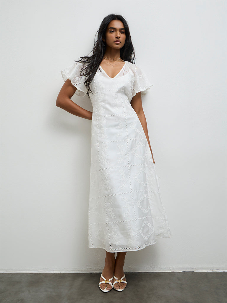 LOV White Embroidered A-Line Dress