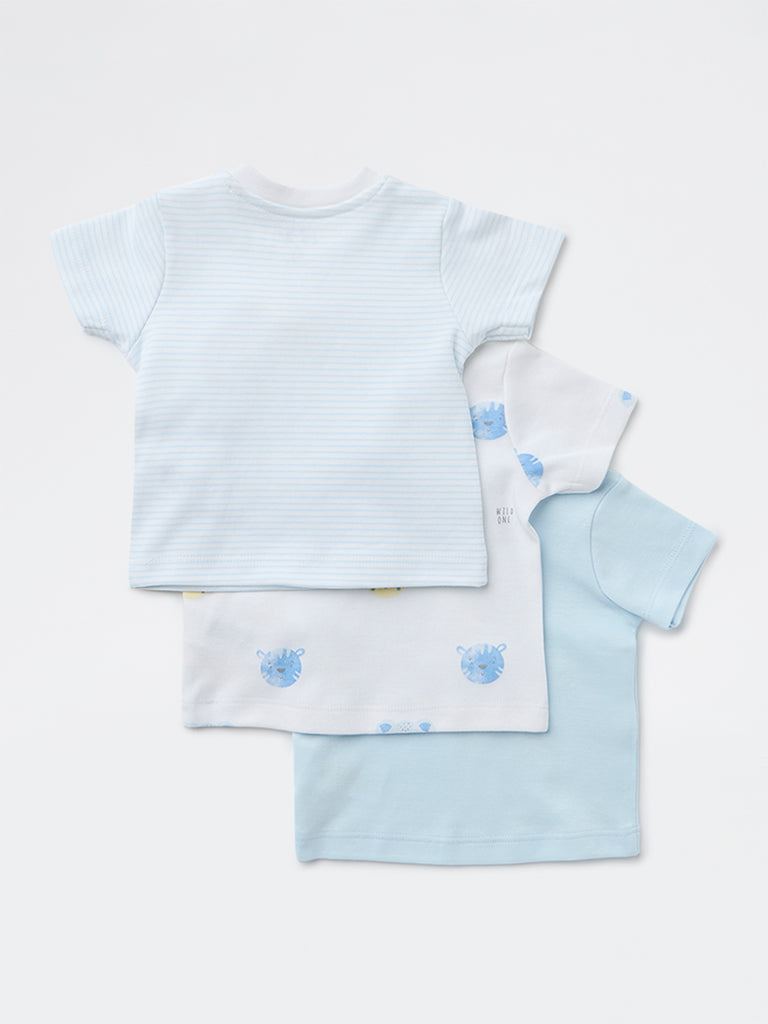 HOP Baby Boys Blue Printed Cotton T-Shirt - Pack of 3