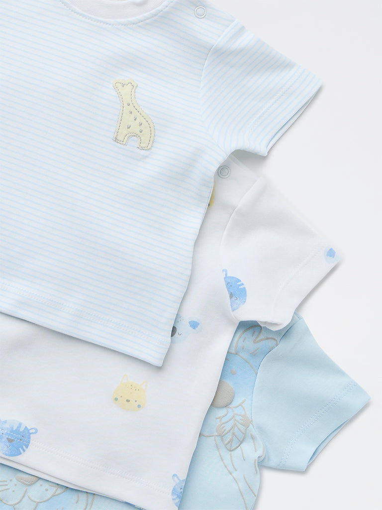 HOP Baby Boys Blue Printed Cotton T-Shirt - Pack of 3