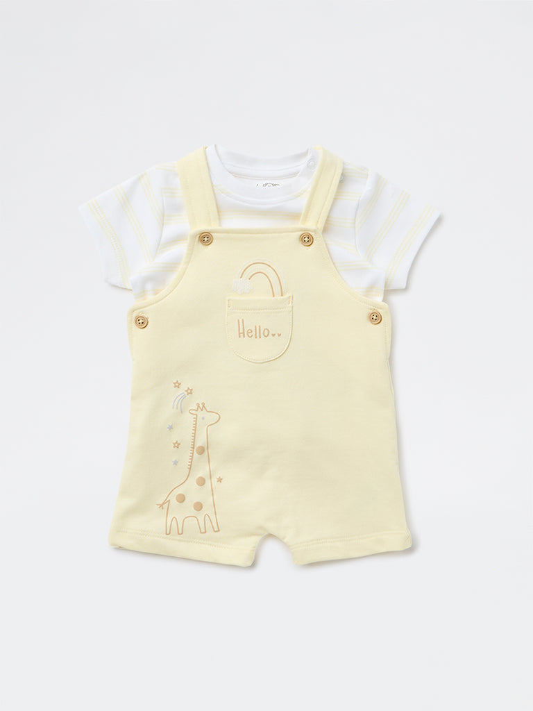 HOP Baby Boys Yellow Printed Cotton T-Shirt and Dungaree Set