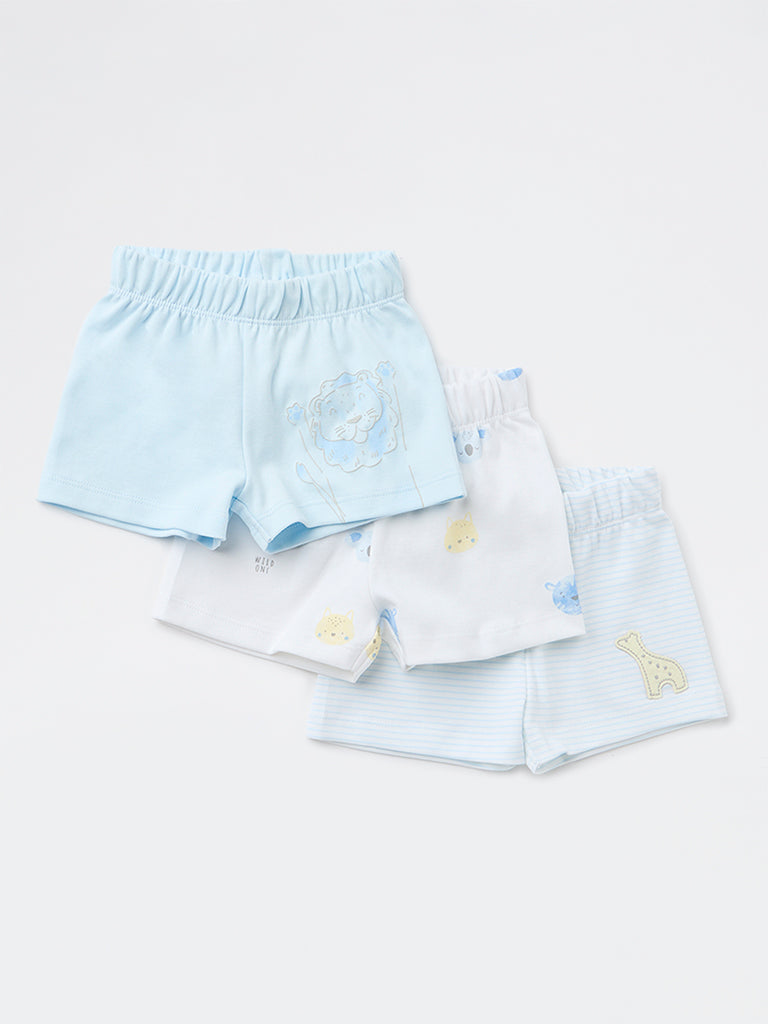 HOP Baby Boys Blue Printed Cotton Shorts - Pack of 3