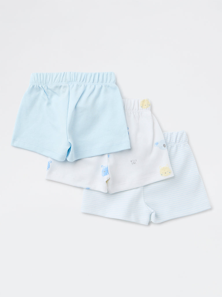 HOP Baby Boys Blue Printed Cotton Shorts - Pack of 3